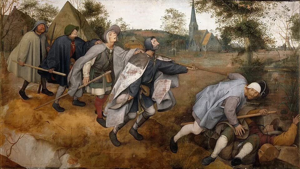 A painting of six blind men stumbling, depicting of a tragedy when following without thinking.